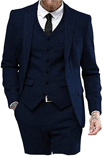 Solovedress Anzüge für Herren 3 Teilig Klassischer Smoking Tweed-Wolle für Hochzeit (Blazer +Weste+ Hose)(Marine,M) von Solovedress