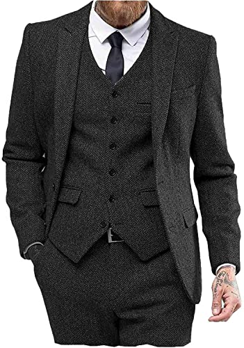 Solovedress Anzüge für Herren 3 Teilig Klassischer Smoking Tweed-Wolle für Hochzeit (Blazer +Weste+ Hose)(Schwarz,3XL) von Solovedress