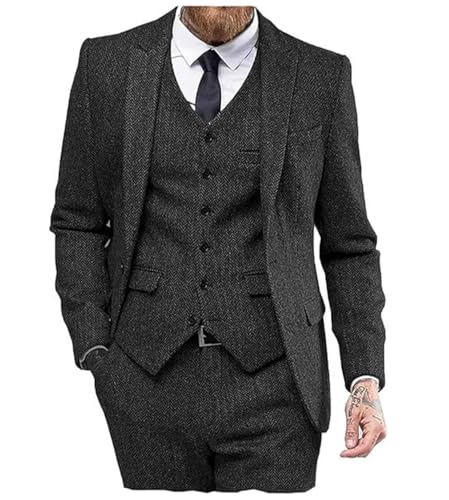Solovedress Anzüge für Herren 3 Teilig Klassischer Smoking Tweed-Wolle für Hochzeit (Blazer +Weste+ Hose)(Schwarz,S) von Solovedress