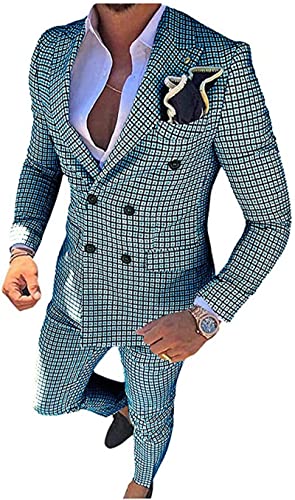 Solovedress Anzüge für herren 2 Teilig Zweireihig Smoking Tweed-Wolle für Hochzeit (Blazer + Hose)(Blaugrün,XS) von Solovedress