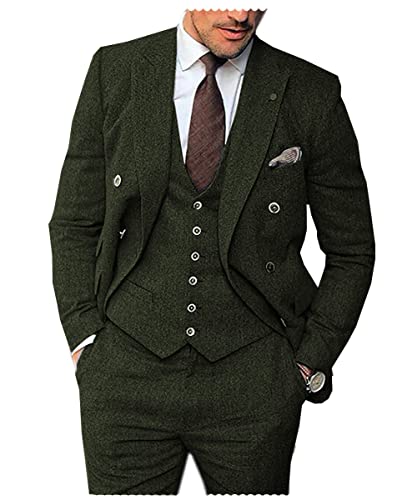 Solovedress Anzüge für herren 3 Teilig Klassischer Smoking Tweed-Wolle für Hochzeit (Blazer +Weste+ Hose)(Armeegrün,L) von Solovedress