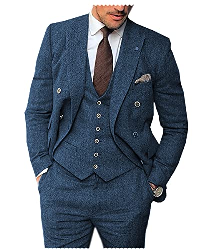 Solovedress Anzüge für herren 3 Teilig Klassischer Smoking Tweed-Wolle für Hochzeit (Blazer +Weste+ Hose)(Blau,XXL) von Solovedress