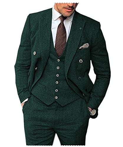 Solovedress Anzüge für herren 3 Teilig Klassischer Smoking Tweed-Wolle für Hochzeit (Blazer +Weste+ Hose)(Blaugrün,XXL) von Solovedress