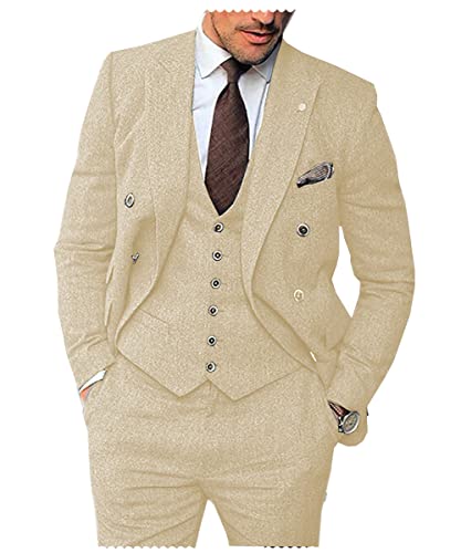 Solovedress Anzüge für herren 3 Teilig Klassischer Smoking Tweed-Wolle für Hochzeit (Blazer +Weste+ Hose)(Champagner,M) von Solovedress