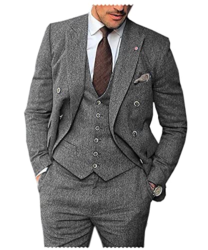 Solovedress Anzüge für herren 3 Teilig Klassischer Smoking Tweed-Wolle für Hochzeit (Blazer +Weste+ Hose)(Grau,XL) von Solovedress