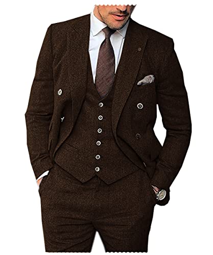 Solovedress Anzüge für herren 3 Teilig Klassischer Smoking Tweed-Wolle für Hochzeit (Blazer +Weste+ Hose)(Kaffee,L) von Solovedress