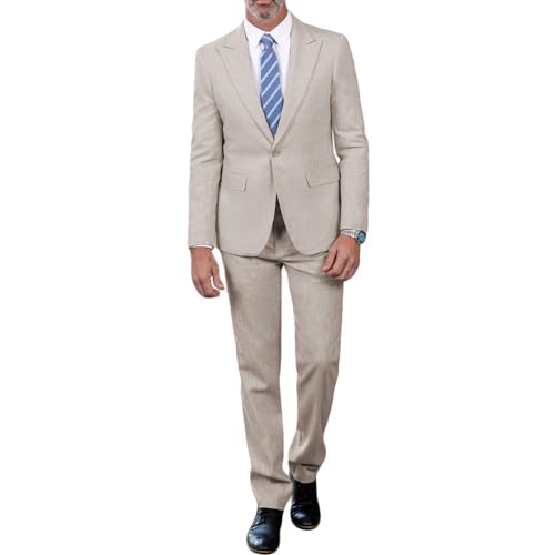 Solovedress Anzug Herren Slim Fit 2 Teiling Klassischer Smoking Leinenanzug Herren Sommer für Hochzeit (Blazer + Hose) (Beige,M) von Solovedress