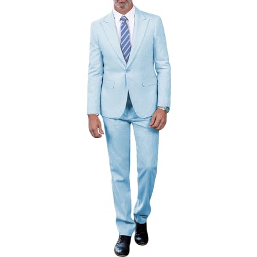Solovedress Anzug Herren Slim Fit 2 Teiling Klassischer Smoking Leinenanzug Herren Sommer für Hochzeit (Blazer + Hose) (Hellblau,4XL) von Solovedress