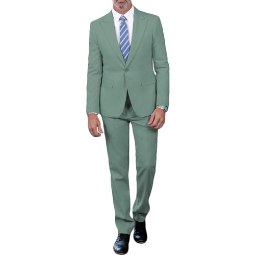 Solovedress Anzug Herren Slim Fit 2 Teiling Klassischer Smoking Leinenanzug Herren Sommer für Hochzeit (Blazer + Hose) (Hellgrün,XXL) von Solovedress