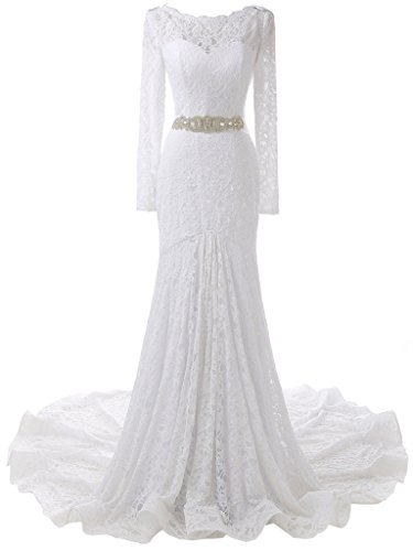 Solovedress Frauen Lange Ärmelspitze Hochzeitskleid Nixe Brautkleid Abendkleid (Europa 36, Weiß) von Solovedress