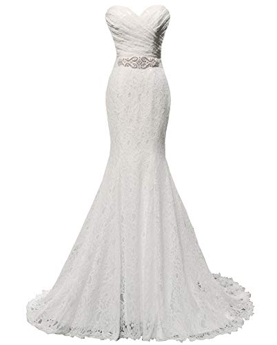 Solovedress Frauen Spitze Brautkleid Meerjungfrau Abendkleid Brautkleid mit Schärpe Hochzeitskleid (Europa 34, Weiß) von Solovedress