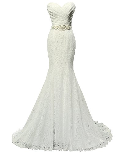 Solovedress Frauen Spitze Brautkleid Meerjungfrau Abendkleid Brautkleid mit Schärpe Hochzeitskleid (Europa 36, Elfenbein) von Solovedress