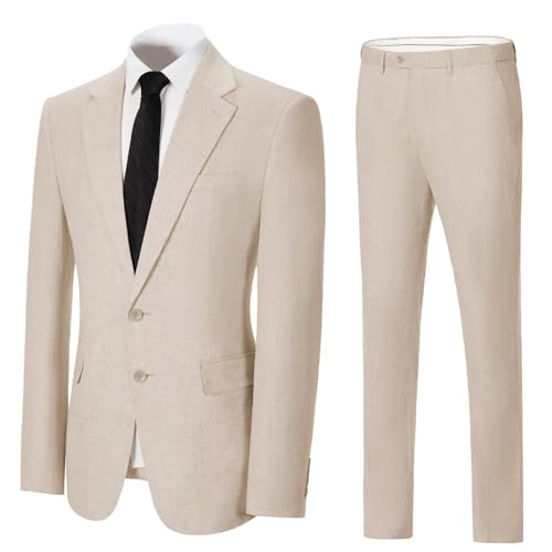Solovedress Herren Anzug 2 Teilig Leinen Hochzeitsanzug Smoking Anzüge Regular Fit 2 Knopf für Hochzeitsfeier (Blazer + Hose)(Beige,4XL) von Solovedress