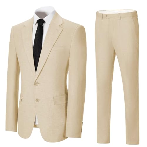 Solovedress Herren Anzug 2 Teilig Leinen Hochzeitsanzug Smoking Anzüge Regular Fit 2 Knopf für Hochzeitsfeier (Blazer + Hose)(Champagner,3XL) von Solovedress