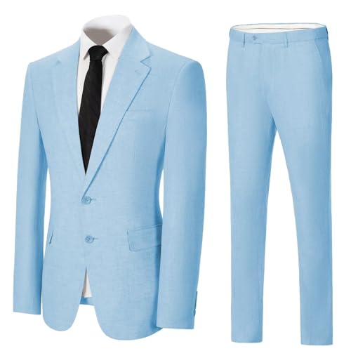 Solovedress Herren Anzug 2 Teilig Leinen Hochzeitsanzug Smoking Anzüge Regular Fit 2 Knopf für Hochzeitsfeier (Blazer + Hose)(hellblau,XXL) von Solovedress