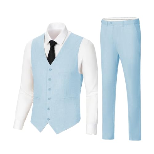 Solovedress Herren Anzug 2 Teilig Leinen Hochzeitsanzug Smoking Anzüge Regular Fit für Hochzeiten und Geschäft (Weste + Hose)(hellblau,S) von Solovedress