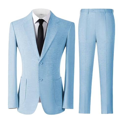 Solovedress Herren Anzug 2 Teilig Leinen Hochzeitsanzug Smoking Anzüge Sommer Regular Fit 2 Knopf für Hochzeitsfeier (Blazer + Hose)(hellblau,3XL) von Solovedress