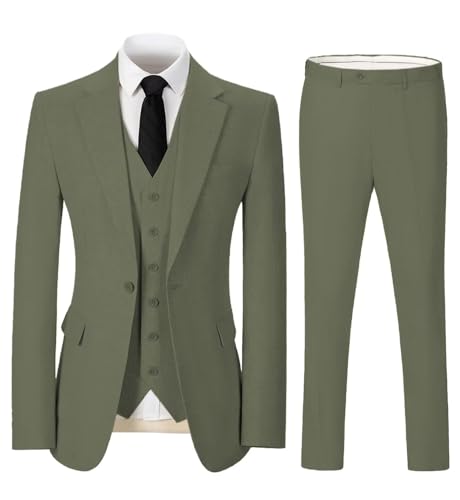 Solovedress Herren Anzug 3 Teilig Leinen Hochzeitsanzug Smoking Anzüge Regular Fit 1 Knopf für Hochzeitsfeier (Blazer + Weste + Hose)(Armee Grün,XS) von Solovedress