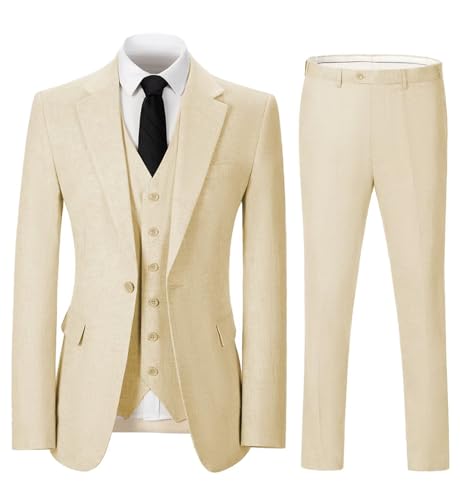 Solovedress Herren Anzug 3 Teilig Leinen Hochzeitsanzug Smoking Anzüge Regular Fit 1 Knopf für Hochzeitsfeier (Blazer + Weste + Hose)(Champagner,XS) von Solovedress