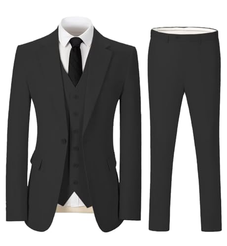 Solovedress Herren Anzug 3 Teilig Leinen Hochzeitsanzug Smoking Anzüge Regular Fit 1 Knopf für Hochzeitsfeier (Blazer + Weste + Hose)(Schwarz,L) von Solovedress
