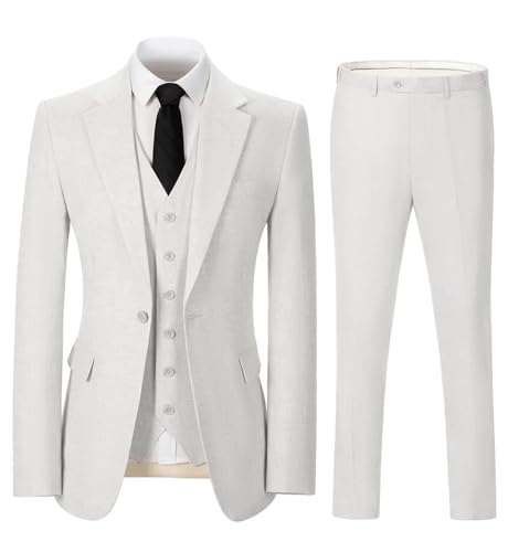 Solovedress Herren Anzug 3 Teilig Leinen Hochzeitsanzug Smoking Anzüge Regular Fit 1 Knopf für Hochzeitsfeier (Blazer + Weste + Hose)(Weiß,M) von Solovedress