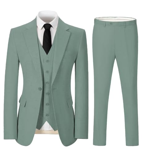 Solovedress Herren Anzug 3 Teilig Leinen Hochzeitsanzug Smoking Anzüge Regular Fit 1 Knopf für Hochzeitsfeier (Blazer + Weste + Hose)(hellgrün,M) von Solovedress