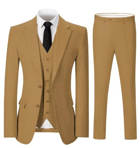 Solovedress Herren Anzug 3 Teilig Leinen Hochzeitsanzug Smoking Anzüge Regular Fit für Hochzeitsfeier (Blazer + Weste + Hose)(Braun,XL) von Solovedress