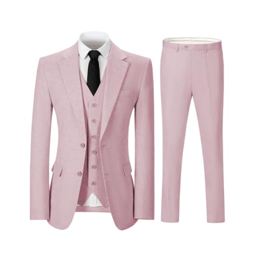 Solovedress Herren Anzug 3 Teilig Leinen Hochzeitsanzug Smoking Anzüge Regular Fit für Hochzeitsfeier (Blazer + Weste + Hose)(Pink,M) von Solovedress