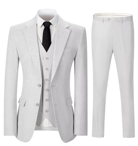 Solovedress Herren Anzug 3 Teilig Leinen Hochzeitsanzug Smoking Anzüge Regular Fit für Hochzeitsfeier (Blazer + Weste + Hose)(Weiß,M) von Solovedress
