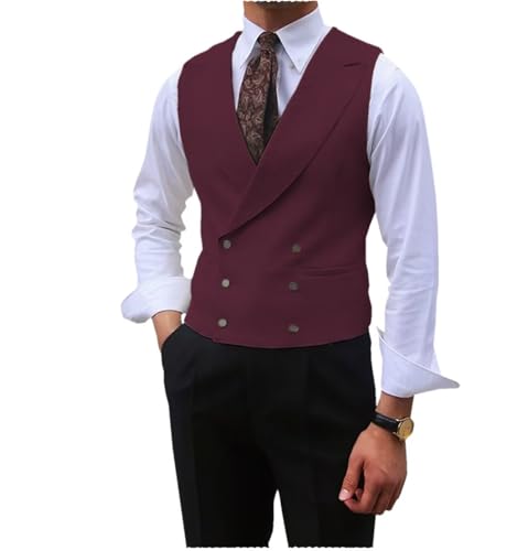 Solovedress Herren Anzug Weste Doppelbrüstige Kleid Anzugweste Vintage Herrenwesten Elegant für Hochzeit Bräutigam(Burgund,XXXL) von Solovedress