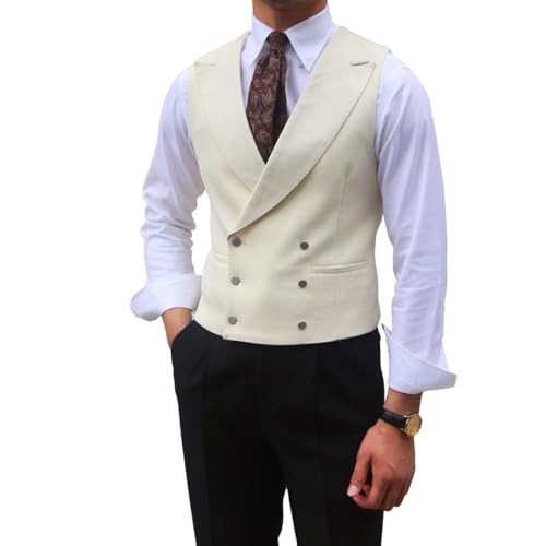 Solovedress Herren Anzug Weste Doppelbrüstige Kleid Anzugweste Vintage Herrenwesten Elegant für Hochzeit Bräutigam(Weiß,XXL) von Solovedress