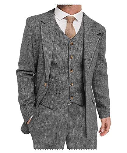 Solovedress Herren Anzuge 3 Teilig Klassischer Smoking Tweed-Wolle für Hochzeit (Blazer +Weste+ Hose)(Grau,S) von Solovedress