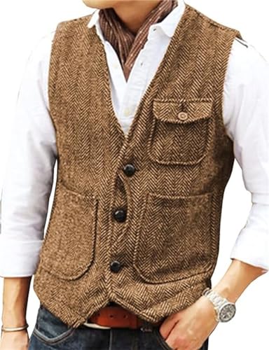 Solovedress Herren Casual Wolle 3 echte Taschen Anzug Weste V-Ausschnitt Tweed Weste für Hochzeit Groomsmen(Braun,M) von Solovedress