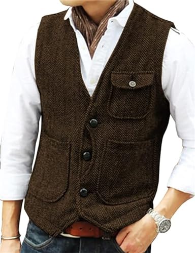 Solovedress Herren Casual Wolle 3 echte Taschen Anzug Weste V-Ausschnitt Tweed Weste für Hochzeit Groomsmen(Kaffee,M) von Solovedress