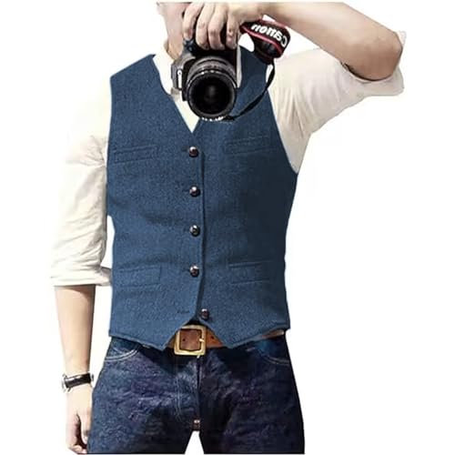 Solovedress Herren Casual Wolle Fischgrätmuster Anzug Weste V-Ausschnitt Tweed Weste für Hochzeit Groomsmen(Blau,XL) von Solovedress