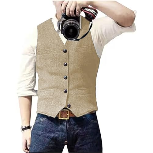 Solovedress Herren Casual Wolle Fischgrätmuster Anzug Weste V-Ausschnitt Tweed Weste für Hochzeit Groomsmen(Champagner,M) von Solovedress