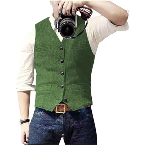 Solovedress Herren Casual Wolle Fischgrätmuster Anzug Weste V-Ausschnitt Tweed Weste für Hochzeit Groomsmen(Grün,S) von Solovedress