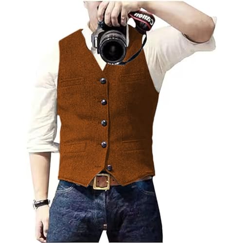 Solovedress Herren Casual Wolle Fischgrätmuster Anzug Weste V-Ausschnitt Tweed Weste für Hochzeit Groomsmen(Orange,XXXL von Solovedress