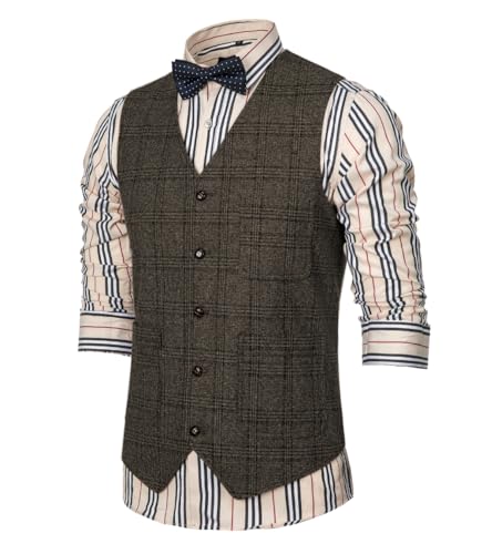Solovedress Herren Elegant Anzug Weste Kariert Plaid Slim Fit Wolle Tweed Weste für Hochzeits(Coffee,XL) von Solovedress