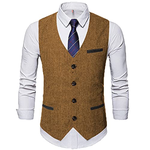 Solovedress Herren Elegant Anzug Weste V-Ausschnitt Casual Tweed Weste für die Hochzeit(Braun,L) von Solovedress