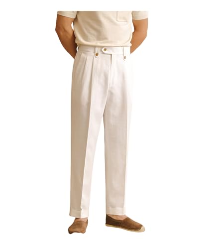 Solovedress Herren Hose Sommer Leinenhose Lang Leicht Sommerhose Loose Fit Freizeithose für Männer Strandhose Urlaub(White,36W30L) von Solovedress