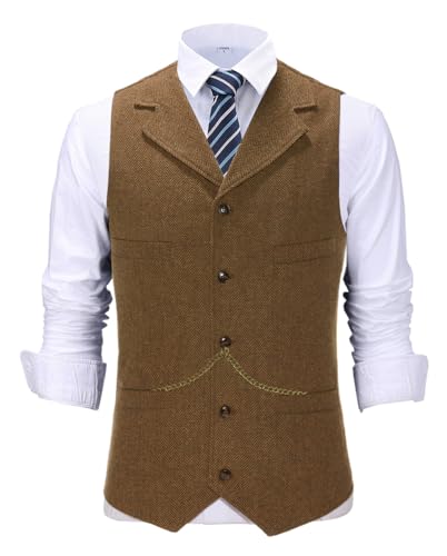 Solovedress Herren Jahrgang Anzug Weste Kerbrevers Casual Tweed Weste für Hochzeit(Braun,XXXL) von Solovedress