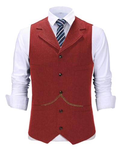 Solovedress Herren Jahrgang Anzug Weste Kerbrevers Casual Tweed Weste für Hochzeit(Rot,XXXL) von Solovedress