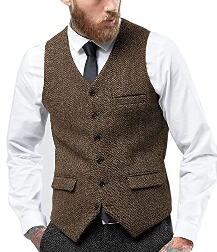 Solovedress Herren Jahrgang Anzug Weste V-Ausschnitt Geschäft Tweed Weste Slim Fit für die Hochzeit(Braun.XXL) von Solovedress