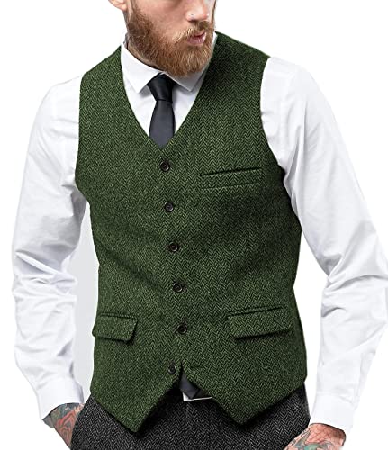 Solovedress Herren Jahrgang Anzug Weste V-Ausschnitt Geschäft Tweed Weste Slim Fit für die Hochzeit(Grün,XL) von Solovedress