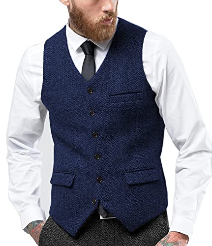 Solovedress Herren Jahrgang Anzug Weste V-Ausschnitt Geschäft Tweed Weste Slim Fit für die Hochzeit(Königsblau,XL) von Solovedress