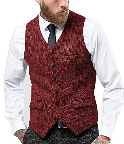 Solovedress Herren Jahrgang Anzug Weste V-Ausschnitt Geschäft Tweed Weste Slim Fit für die Hochzeit(Rot,L) von Solovedress