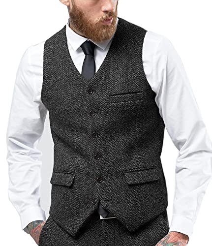 Solovedress Herren Jahrgang Anzug Weste V-Ausschnitt Geschäft Tweed Weste Slim Fit für die Hochzeit（Schwarz，S von Solovedress