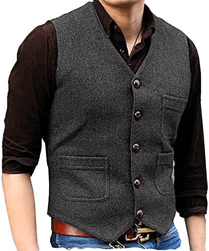 Solovedress Herren Jahrgang Wolle Fischgrätmuster Anzug Weste V-Ausschnitt Tweed Weste für Hochzeit Groomsmen(Grau.XXL) von Solovedress