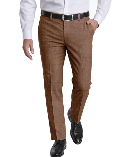 Solovedress Herren Klassische Anzug Hose Business Straight Fit Karohose Trousers für formelle Anlässe(Brown,34W32L) von Solovedress